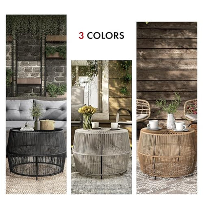 Furniture of America Ysar Boho Rattan Round Coffee Table Outdoor with Metal Frame, All-Weather and Rust Resistant, Handcrafted Coastal Furniture for Patio, Poolside, Garden, Yard, Gray - color: Grey/18.9 In.