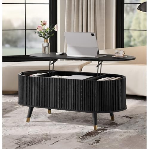 SULIVES Oval Coffee Table with Storage,Multifunctional Lift Top Drum Coffee Table, Small Fluted Center Table for Living Room, Black - color: Black_oval