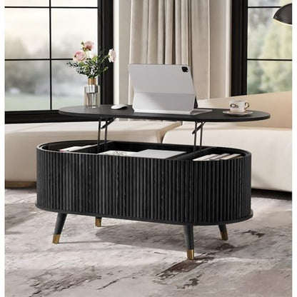 SULIVES Oval Coffee Table with Storage,Multifunctional Lift Top Drum Coffee Table, Small Fluted Center Table for Living Room, Black - color: Black_oval