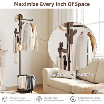 CozyDH Wooden Coat Rack Stand with Umbrella Holder and Wheels, Freestanding Hall Tree Coat Hanger with Multi Hooks, Heavy Duty Coat Tree for Entryway Bedroom Hallway Office, Deep Walnut - color: Dark Walnut, size: Round-15.7D×15.7W×72.8H