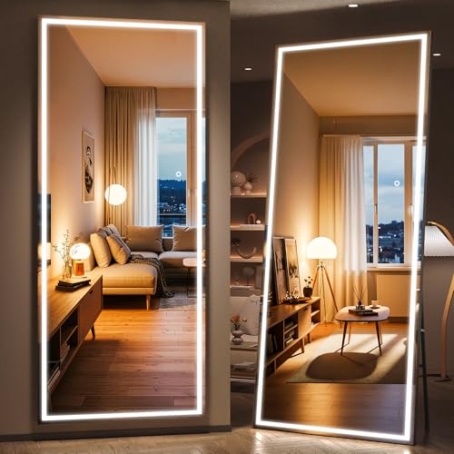 83" x 36" Full Length Mirror with Lights, Large LED Lighted Floor Standing Body Mirror, Dimmable & 3 Color Lighting for Bedroom, Cloakroom, Dressing Room, Tempered Glass, Black Frame - color: Black, size: 83"L x 36"W