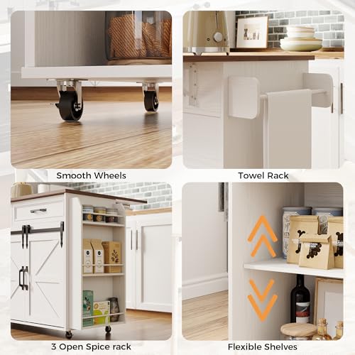 IRONCK Kitchen Island with Storage, Rolling Kitchen Island Cart with Drop Leaf Countertop and Pull-Out Shelf, Barn Doors, for Dining Room, Home Bar, White