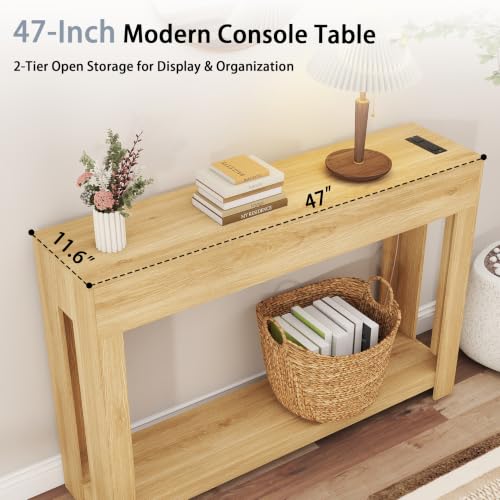 Wood Console Table Entryway：47" Oak Narrow Entryway Table with Outlet | Behind the Couch Tables with LED, Modern Console Tables for Hallway, Living Room