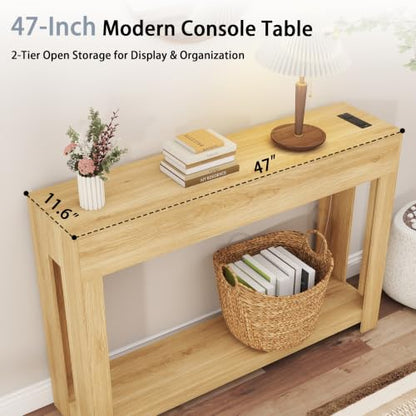 Wood Console Table Entryway：47" Oak Narrow Entryway Table with Outlet | Behind the Couch Tables with LED, Modern Console Tables for Hallway, Living Room