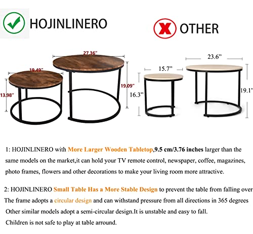HOJINLINERO 원형 커피 테이블, 중첩 커피 테이블 2개 세트, 러스틱 브라운 | 거실, 작은 아파트, 작은 공간, 스태킹 사이드 테이블, 목재 테이블 탑, 견고하고 쉬운 조립, 대형 센터 테이블 - color: 브라운., size: 라지