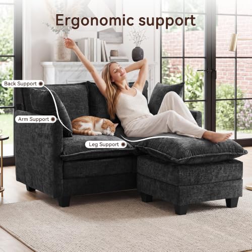 50" Loveseat Sofa with Ottoman, Cloud 2-Layer Cushion & 27" Deep Seat, Modern Love Seat Small Couch with 2 Washable Pillows for Small Spaces, Bedroom, Apartment, Office, Living Room, in a Box, Black - color: Black, size: Loveseat with Ottoman