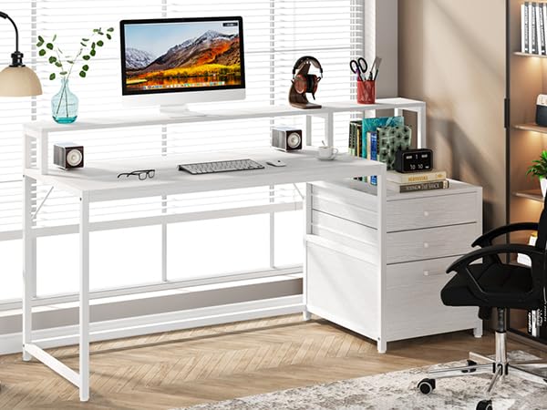 Tribesigns 63 Inch Computer Desk with File Drawer Cabinet, Ergonomic Desk | Office Desk with Monitor Stand, Computer Table with Printer Space, Wood PC Table Workstation Desk for Home Office, White - color: White