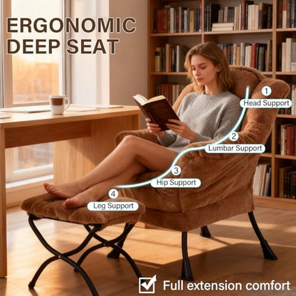 Welnow Lazy Chair with Ottoman, Reading Chair with Footrest, Plush Brown | A Side Pocket,Armrests,Foldable Footrest,Thick Cushioned Seat & Backrest, Lounge Chair for Bedroom,Living Room & Small Space - color: Plush Brown