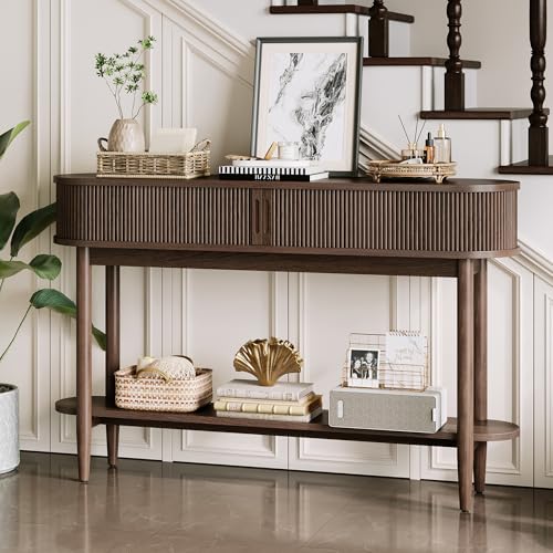 LINSY Fluted Console Table with Storage and Shelves, Walnut | Entryway Table, Wood Entrance, Behind Couch Sofa Table, Foyer Tables for Hallways, Living Room Boho Furniture, Narrow Long - color: Walnut
