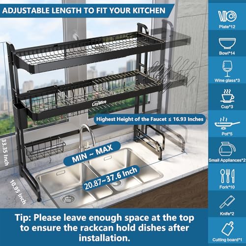 Loyalfire Over Sink Dish Drying Rack, 3 Tier Adjustable Length (20.87'' to 37.6'') Full Stainless Steel Large Storage Kitchen Dish Rack, Expandable Drainer Shelf Rack with Multifunctional Organizers - color: Black