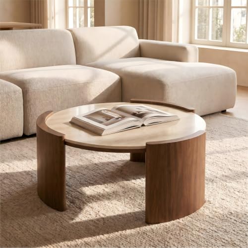 KEIKI 31.5" Round Sintered Stone Coffee Table, Glossy Travertine Look Center Table with Thick Slab Legs, Modern Circular Cocktail Table for Living Room, Apartment, Walnut Yellow - color: Walnut Yellow