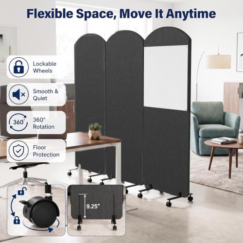 3-Panel Office wall Divider W/Wheels, 72 x 66 in Portable Partition wall | Office Dividers for Sound Proofing & Reducing, Freestandings Privacy Cubicle Temporary Wall with Whiteboards, pen, thumbtacks - color: Dark Gray