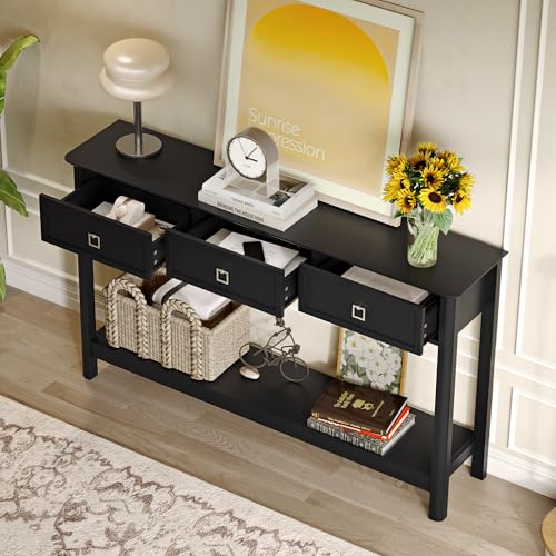 Treocho 53.1" Console Table with 3 Drawers, Sofa Table Behind Couch, 2 Tier | Long Entryway Table with Storage, Modern, For Hallway, Living Room, Black - color: Black