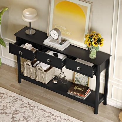 Treocho 53.1" Console Table with 3 Drawers, Sofa Table Behind Couch, 2 Tier | Long Entryway Table with Storage, Modern, For Hallway, Living Room, Black - color: Black