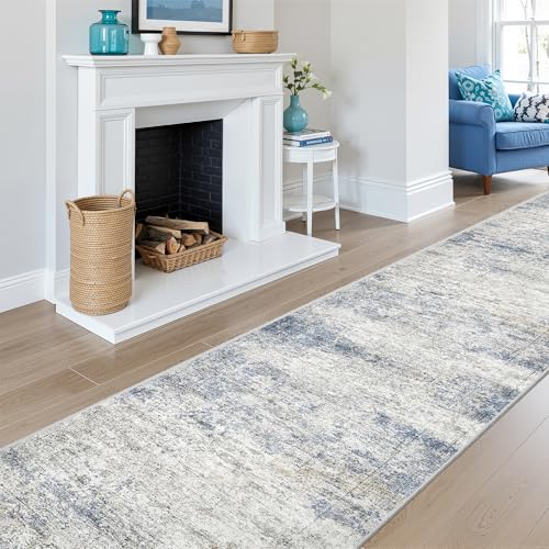 2'6 x 10' Runner Rug Non Slip,Washable Kitchen Rugs,Blue | 10 ft Runner Rug for Hallway,Entryway,Bedroom,Bathroom,Living Room,Thin,Soft, Long Rug,Stain Resistant Indoor Carpet - color: Blue/Brown/Ivory, size: 2'6" x 10' (Runner)