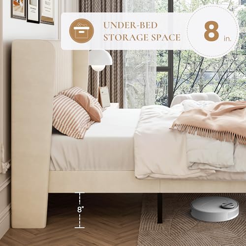 SHA CERLIN Queen Size Velvet Bed Frame, Tufted Wingback Headboard, Cream | 47'' Modern Vertical Channel Headboard, Upholstered Platform Bed, Wood Slats, No Box Spring Needed, Easy Assembly, Noise Free - color: Cream White, size: Queen