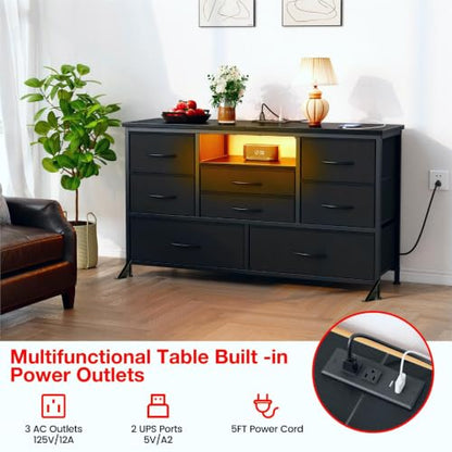 8-Drawer LED Dresser TV Stand with Power Outlet for 55'' TV - Wide Storage Chest for Bedroom, Living Room & Entryway, Wood Top Console Table with 22 Light Modes - color: Black