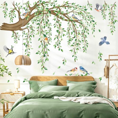 decalmile Tree Branch Hanging Vine Green Leaf Wall Decals Stickers (XL) - style: Green Tree