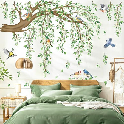 decalmile Tree Branch Hanging Vine Green Leaf Wall Decals Stickers (XL) - style: Green Tree