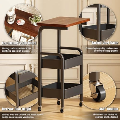 3 Tier Metal Rolling Utility Cart Organizer with Walnut Table Top, Stable and Sturdy Rolling Storage Carts with 2 Lockable Wheels for Kitchen，Bathroom，Snacks，Coffee，Craft，Makeup，Baby Essentials