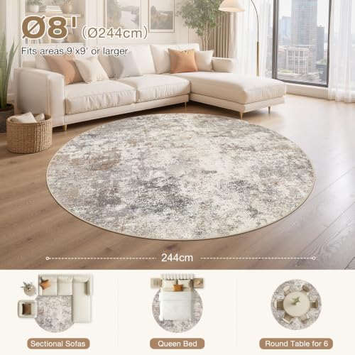 UERMEI 8ft Round Area Rug Living Room Rugs - 8x8 Washable Neutral Modern Abstract Soft Thin Rug Indoor Floor No Slip Rug Carpet for Bedroom Under Dining Table Home Office Decor - Brown Grey - color: Brown Grey, size: 8' (Round)