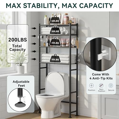 GloTika 4-Tier Over The Toilet Storage Shelves, Black | 200lb Total Capacity, Metal Bathroom Organizer with 36" Clearance, Includes Paper Holder & 4 Hooks, Suit for Small Space - color: Black