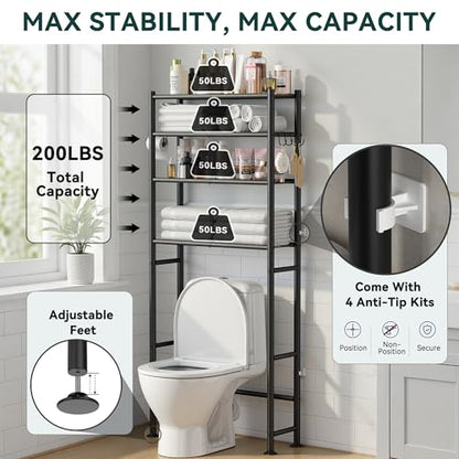 GloTika 4-Tier Over The Toilet Storage Shelves, Black | 200lb Total Capacity, Metal Bathroom Organizer with 36" Clearance, Includes Paper Holder & 4 Hooks, Suit for Small Space - color: Black