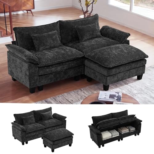 85" Modular Sectional Sofa with Storage, L-Shaped Comfy Cloud Couch | Deep Seat, Moveable Ottoman, Throw Pillows, Sofa Sleeper, Cloud Comfort Couches for Living Room Bedroom, Chenille Black - color: Black, size: 85" - 3 Seat L