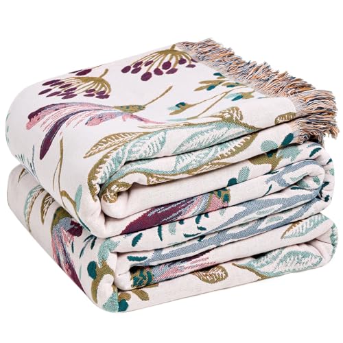 LUTBM Boho Throw Blanket for Couch 50"x60", Cotton Decorative Bed Throw | Reversible Floral Jacquard, All-Season Muslin Blanket, For Chair Sofa Bedroom Living Room Decor, Lightweight Breathable Gauze - color: Floral Green, size: 50"×60"