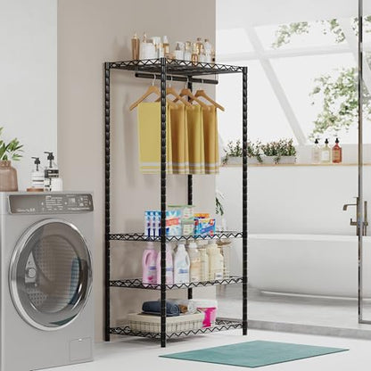ecobedding Heavy Duty Garment Rack, 900LBS Max Load Freestanding Closet Organizer with 6 Storage Shelves & 3 Adjustable Hanging Rods, Multifunctional (Black, 15.75" D x (69.7~88.2)" W x 79.5" H)