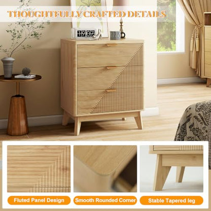 LYNCOHOME 3 Drawer Fluted Nightstand, Modern Wood Night Stand with Curved Profile, Fluted Tall Nightstand with Drawers, Light Oak - color: Natural Stripes, size: 15.7"D x 23.6"W x 28.1"H（3 Drawers）