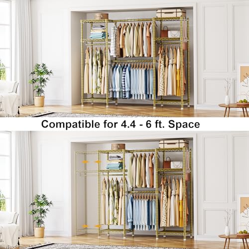 E7 Garment Rack, Heavy Duty Clothes Storage System with Extendable Rod | Metal Clothing Rack with 6 Wire Shelves, Freestanding Portable Closet Wardrobe for Hanging Clothes, Load 838lbs, Gold - color: Gold
