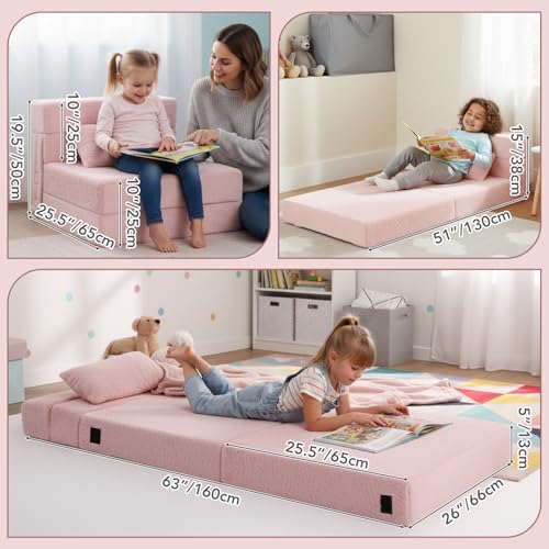 Kids Floor Sofa for Toddler, Child Fold Up Sofa Couch Convertible Futon Folding Chair with Storage Bag for Kids, Plush Pink - color: Plush Pink