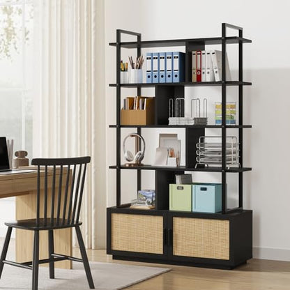 IDEALHOUSE 5 Tier Rattan Bookshelf with Storage Cabinet & Door, 71.1 Inch Tall Industrial Book Shelf with Open Display Shelves, 5 Shelf Bookcase with Metal Frame for Living Room, Bedroom -Black - color: Black