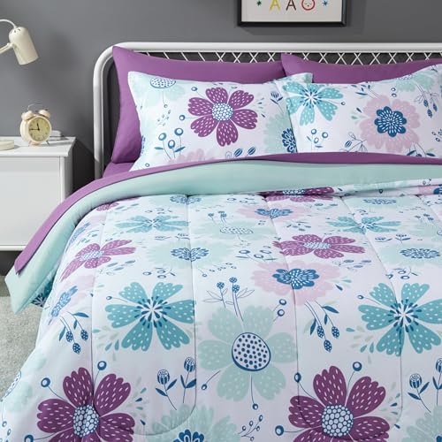Amazon Basics 7-Piece Microfiber Kid's Comforter Bed-in-a-Bag Bedding Set with Sheets, Full/Queen, Bluish Flowers - color: Bluish Flower, size: Full/Queen