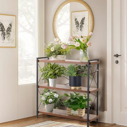 3 Tier Bookshelf, Open 3 Shelf Short Bookcase, Rustic Shelves with Metal Frame, Industrial Book Shelf for Bedroom Home Office Living Room, Rustic Brown