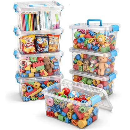 Jetec 8 Pack Clear Plastic Storage Container Bins with Lids 6.5 Qt with Blue Handles, PP Material Storage Containers, Stackable Organizer Bins for Home Office Supplies, 11.02 x 7.48 x 6.02''