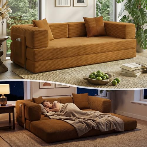 78.8" Boneless Couch for Living Room, Futon Sleeper Sofa Bed | Convertible Sofa Bed, Corduroy Pull Out Couch Loveseat with Storage Pocket, Modular Design, No Assembly, Yellow - color: Yellow, size: 78.8inch