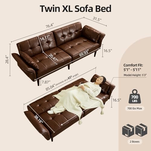 HALLYBEE 85" Futon Faux Leather Couch with Adjustable Armrests Red Brown | Futon Sofa Bed, Sleeper Sofa, Small Couch with Pillows, Side Pockets, Mid Century Modern, Living Room, Bedroom, Apartment - color: Red Brown