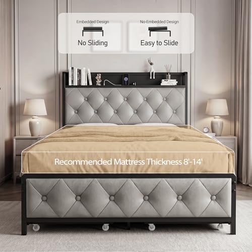 Twin Bed Frame with Button Headboard, PU Leather, All-Metal Support Platform LED Twin Bed with Storage and Charge Station, Easy to Install, Stable, Noise-Free (Grey) - color: Grey