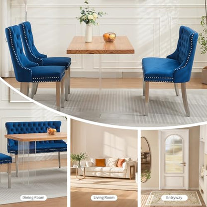 Blue Velvet Dining Bench with Back, Tufted Banquette Seating, Silver Legs | Upholstered loveseat bench; tufted back; nailhead trim; 500 lb capacity; foam and spring seat; dining room or entryway - color: Blue(silver Stainless Steel Legs)