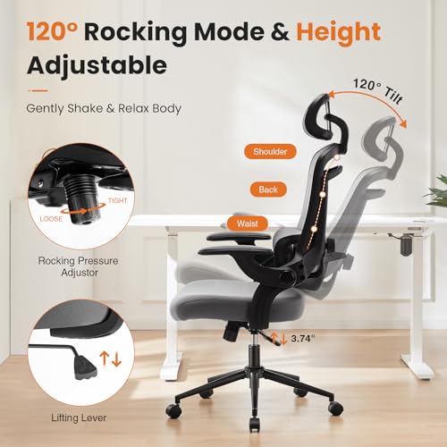DUMOS Executive Home Office Chair, Ergonomic Computer Desk Chair, Mesh | 300 LBS, High Back, 2D Headrest, Adjustable Lumbar Support, Flip-up Armrests, Swivel Wheels, Classic Gray - color: Classic Gray