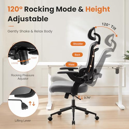 DUMOS Executive Home Office Chair, Ergonomic Computer Desk Chair, Mesh | 300 LBS, High Back, 2D Headrest, Adjustable Lumbar Support, Flip-up Armrests, Swivel Wheels, Gray - color: Grey