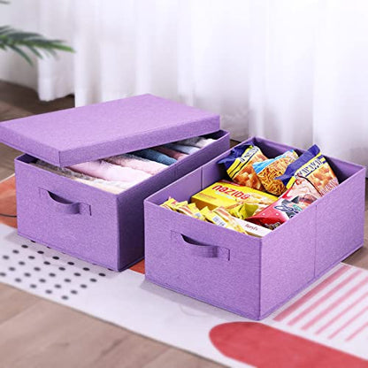 HOONEX Foldable Storage Bins with Lids, Pack of 2, Storage Boxes with 2 Carrying Handles and Sturdy Heavy Cardboard, 16.5" L x 11.8" W x 7.5" H for Shoes, Books, Clothes, Purple - color: Purple