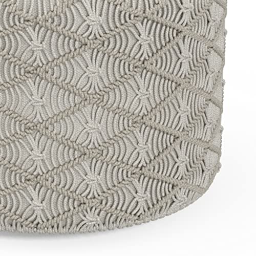 SIMPLIHOME Connor 34" Wide Round Pouf in Distressed Brown Genuine Leather - color: Cloud Grey, style: Cotton Pouf