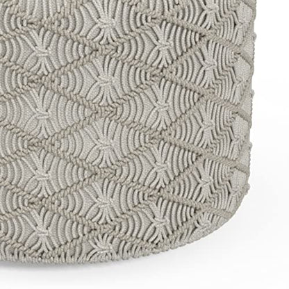 SIMPLIHOME Connor 34" Wide Round Pouf in Distressed Brown Genuine Leather - color: Cloud Grey, style: Cotton Pouf