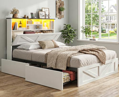 AOGLLATI Twin Bed with Storage Bookcase Headboard and 4 Drawers,Wooden Farmhouse Twin Bed Frame with Charging Station, Led Lights & Metal Slats,White - color: White, size: Twin