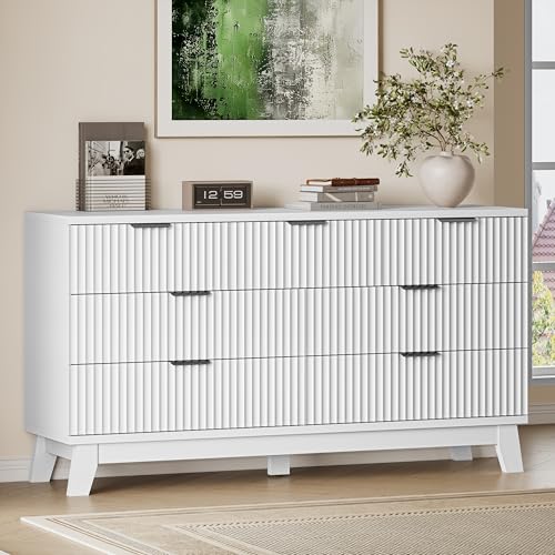 BORNOON 57" Long Dresser for Bedroom, 7-Drawer Fluted Chest, Wide Wood Storage Dresser with Metal Slides and Handles, Stable Base, Modern Clothes Organizer for Primary Suite, Guest Room, Nursery - color: Pure White, size: XL 7-Drawer
