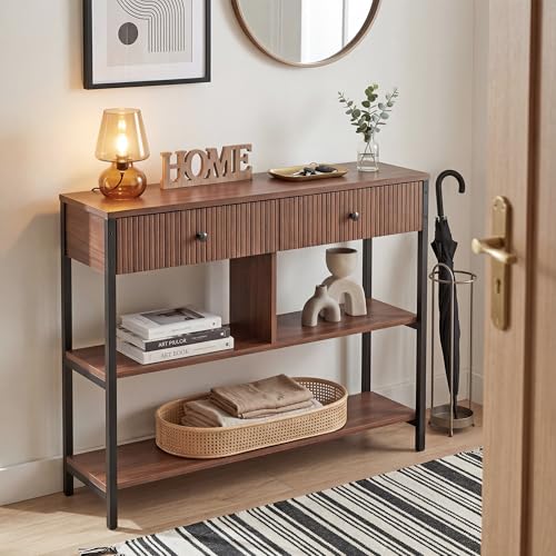 Manora Fluted Console Table with Wooden Drawers, Slim Entryway Table with Open Shelf, Tall Thin Side Table for Couch, Small Sofa Side Table for Hall, Hallway, Bedroom, Living Room, Foyer, Walnut