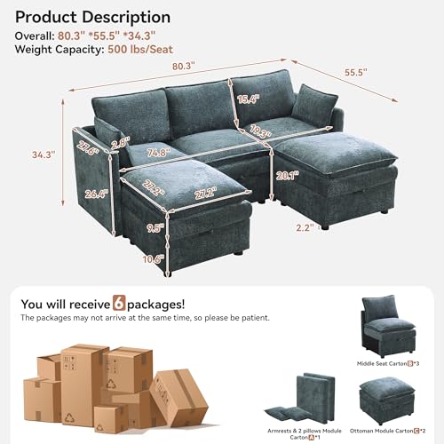 80" Cloud Modular 3 Seater Sofa with 2 Storage Ottoman, Modern Upholstered Storage Sofa Couch Deep Seat, U Shape Sectional Sofa Chenille Comfy Couch with Armrests for Living Room, Small Space, Blue - color: Blue, size: 80" 3 Seater+2 Ottoman